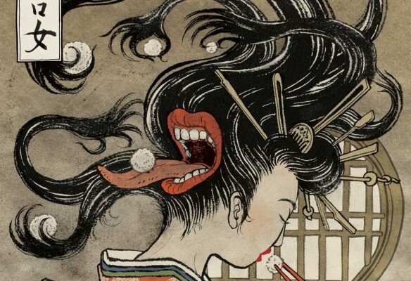 Ein traditioneller japanischer Garten mit einer roten Brücke über einen friedlichen Teich, umgeben von üppigem Grün.